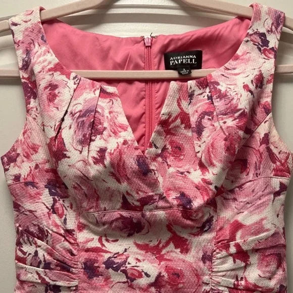 Adrianna Papell ❤️Pink Flowers on White ❤️Midi Dress ❤️Size 8 - Picture 2 of 6